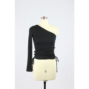 Aritzia WILFRED FREE Savita Black Ribbed Jersey Ruched One Shoulder Top, Size XS